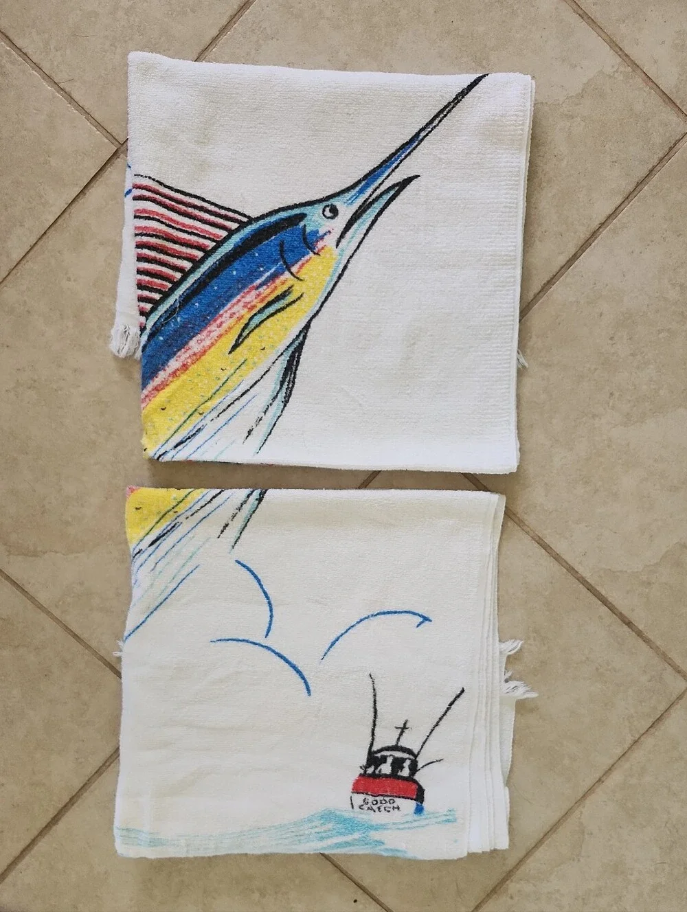 Lot of 2 Vtg Cannon Beach Towel w fringe Good Catch Sailfish graphic 60s 70s